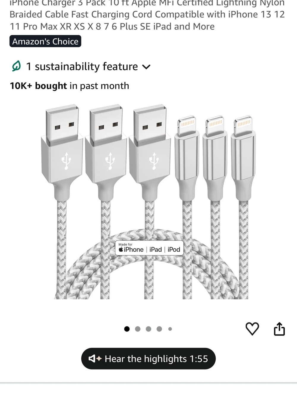 iPhone Charger 3 Pack 10 ft Apple MFi Certified Lightning - Picture 3 of 4